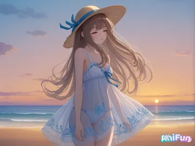 動画）夕陽の海辺で風に舞う白いドレス