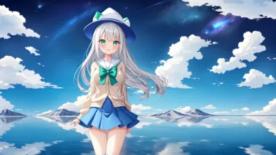 星空を映す湖に立つ銀髪の少女