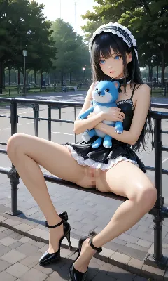 公園のベンチでぬいぐるみを持つメイド