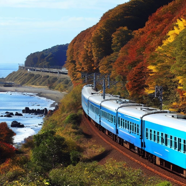 秋の海岸を走るブルーの列車