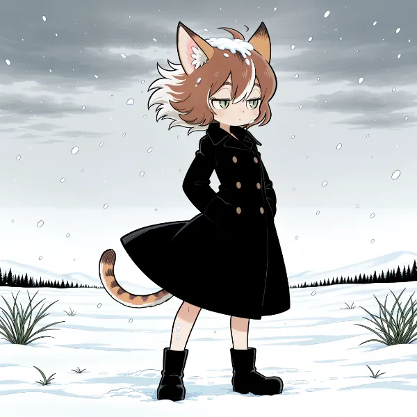 ねこねこ冬早く来い祈願（雪舞う冬空の下の猫耳少女）