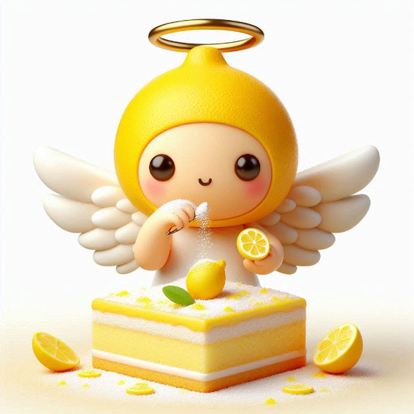ケーキに何かを掛けてるレモンの天使