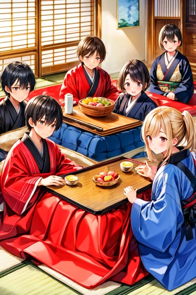 こたつでまったりする、少年少女達～その3（8枚）レトロモダン街シリーズ・その74-2