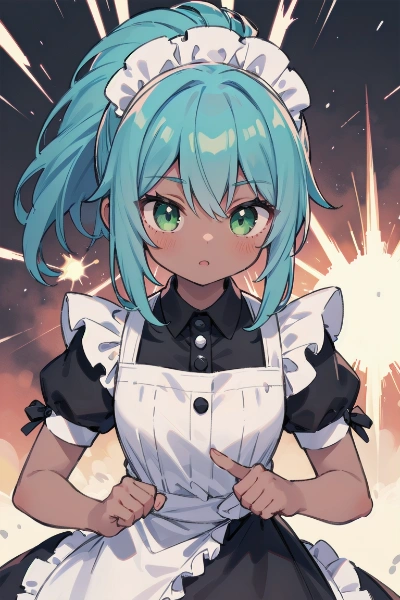 爆発と青ポニテメイドちゃん