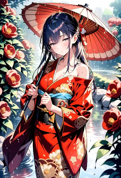 雨に佇む紅い着物美人