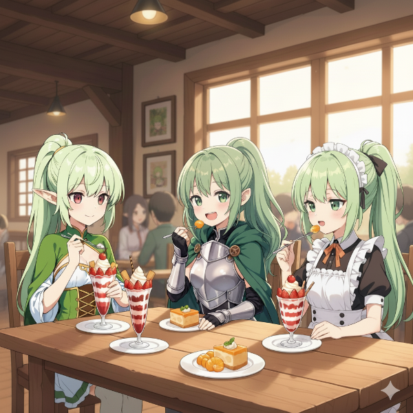 【コラボ】３本の緑髪ポニーテール