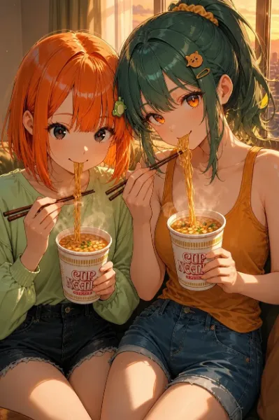 カップラーメンを食べる姉妹