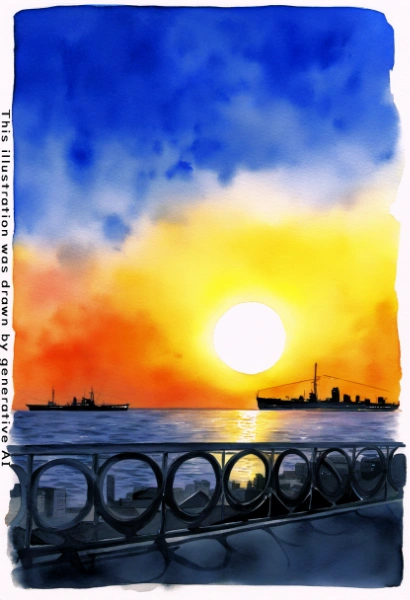 夕日と船と坂道