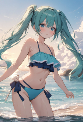 薄い褐色の砂浜で遊ぶ水着少女