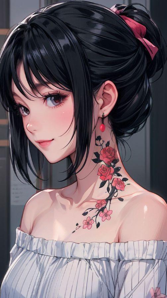 首筋に華のタトゥー