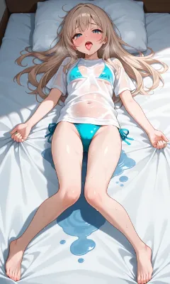 張り付きTシャツ・水色ビキニ