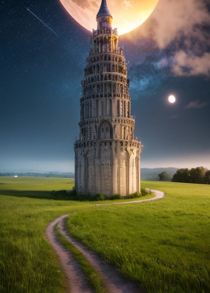 Tower of Babel illuminated by the moonlight