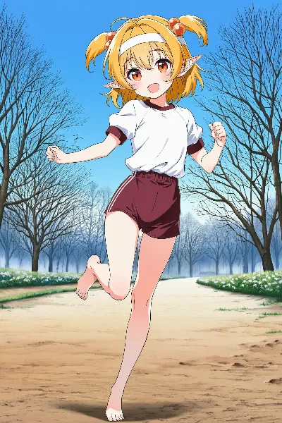 冬景色に体操着+裸足のエルフさん