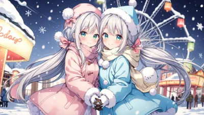 雪の遊園地で輝く双子の絆