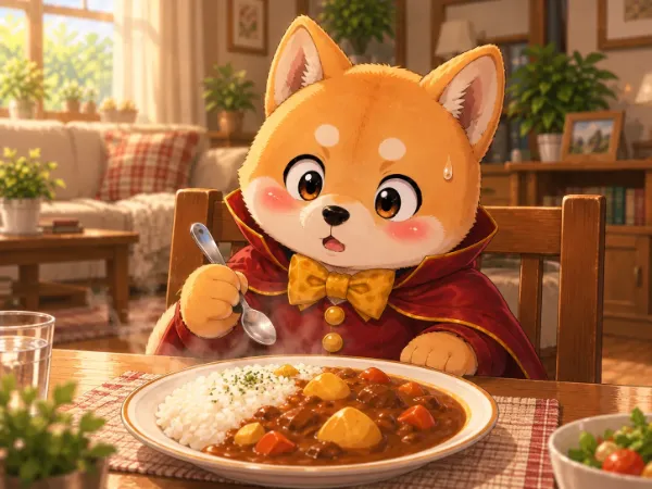 柴犬の魔法使い、カレーを前にする