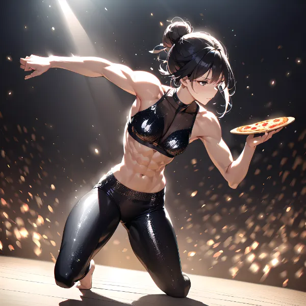 ピザを抱えて舞う