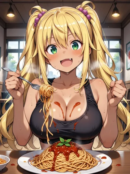 ソースまみれでも笑顔のパスタタイム