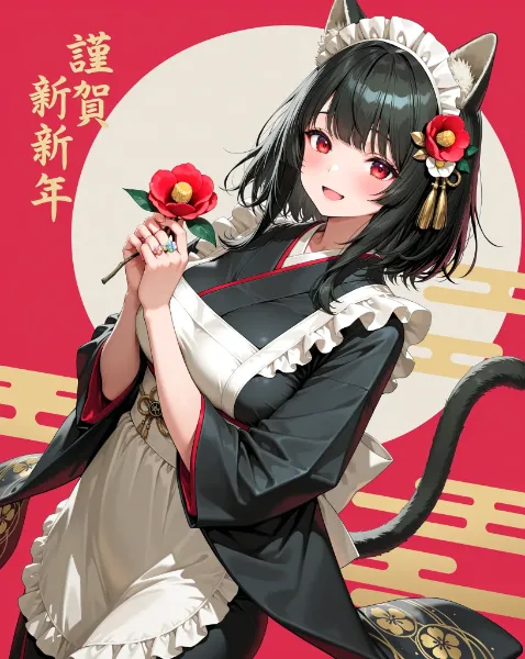 黒猫メイドのお正月椿奉書