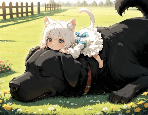 白猫と黒犬・暖かな午後