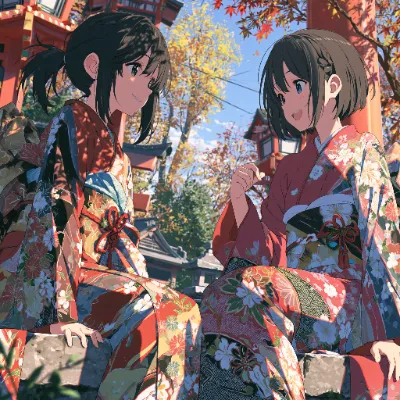 紅葉の神社で交わす二人の笑顔