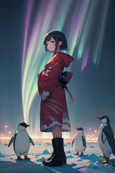 ペンギンと戯れる雪ん子