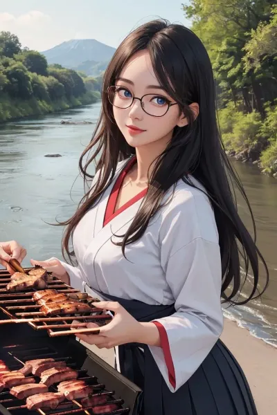 BBQでは肉をたしなむ黒髪少女