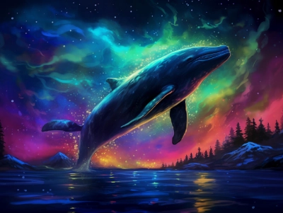 色とりどりのオーロラに満ちた発光クジラ