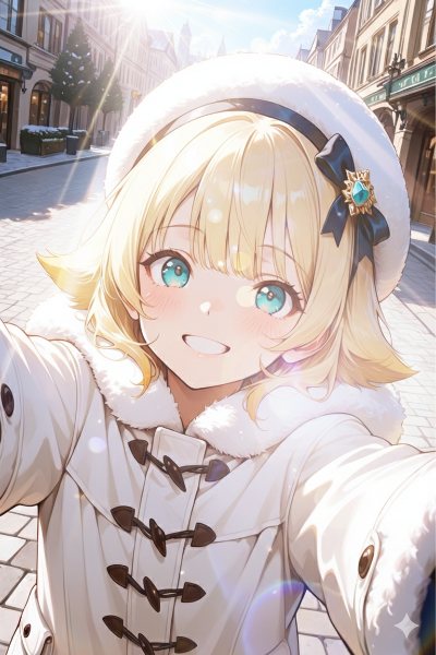 冬の街角で輝くセルフィーの瞬間