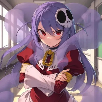 廊下で睨むの紫髪少女