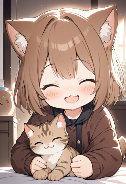 キジトラの子猫と笑顔の少女