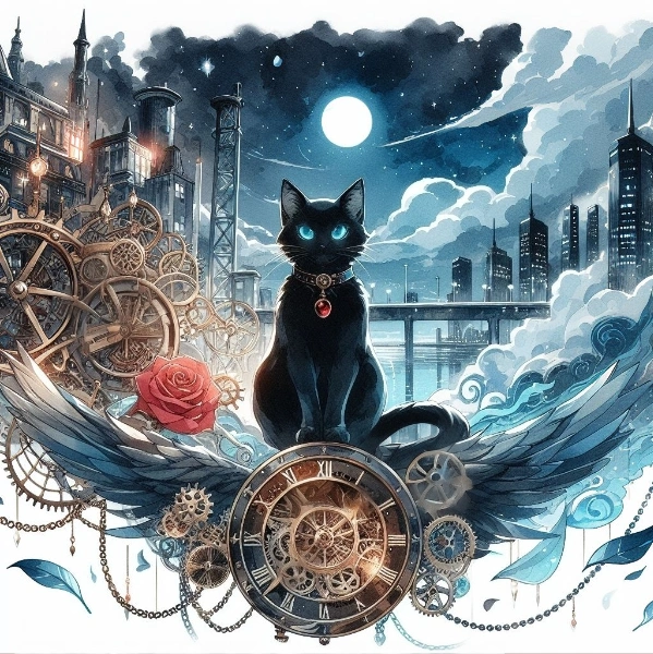 スチームパンク風の夜景と黒猫