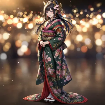 宵の光に舞う桜の着物