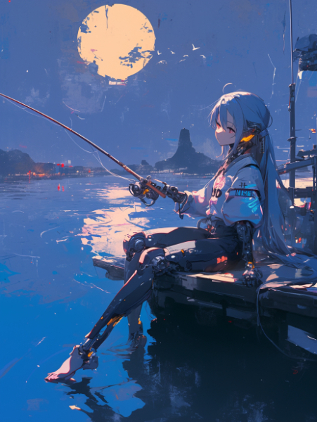 夜釣りをするサイボーグ娘