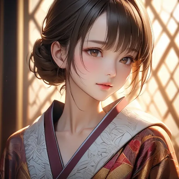 朝陽に輝く着物少女