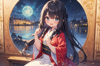 黒髪　着物　月