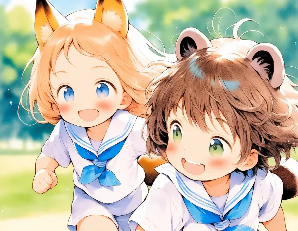 コン子とポン子・お揃いのセーラー服