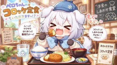 ペロちゃん、コロッケ定食を食べる