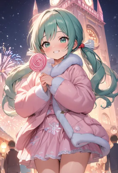 キャンディーを持ち楽しそうなふわモコ少女