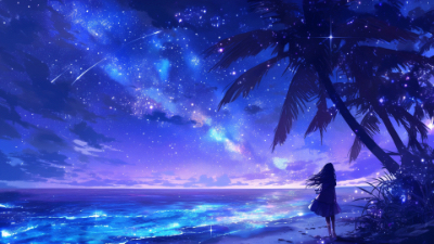 流れ星と夜のビーチ