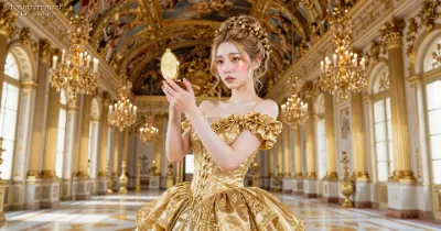 黄金の宮殿に佇むプリンセス｜眩いドレスとアンティークコンパクトが織りなす宮廷バロックファンタジー