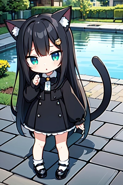 池のほとりのちびキャラ黒猫