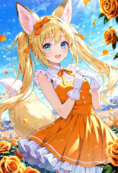 オレンジの薔薇ときつねさん