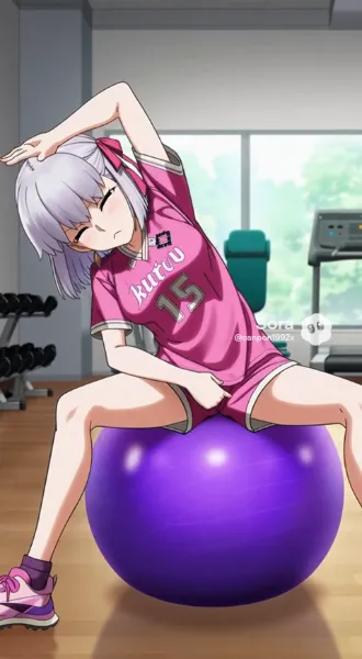 カーマちゃんがバランスボールで堕落した硬い体をストレッチ