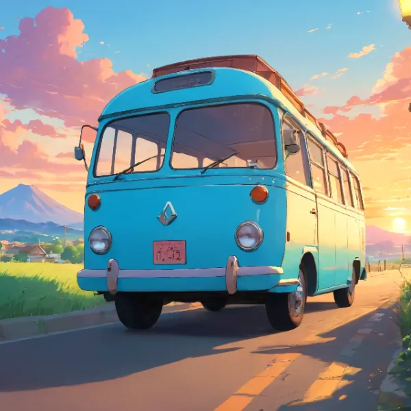 青いバスの夕陽旅