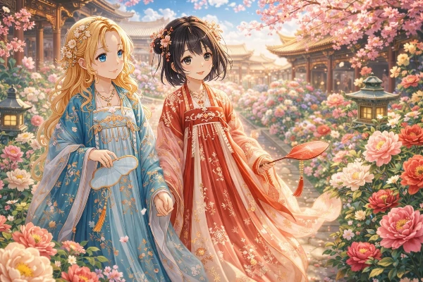黒髪＆ブロンド・花の咲く庭園