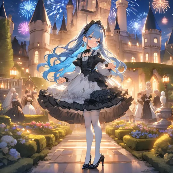 花火の夜に舞う青髪のメイド