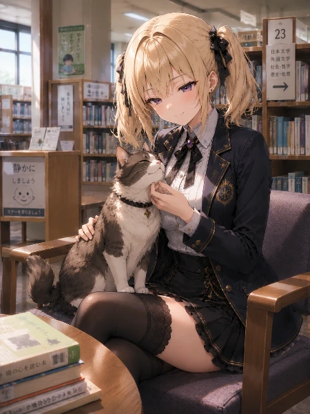 図書館でのひと時：　ルナ様と猫