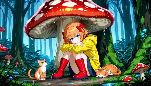 キノコで雨宿り