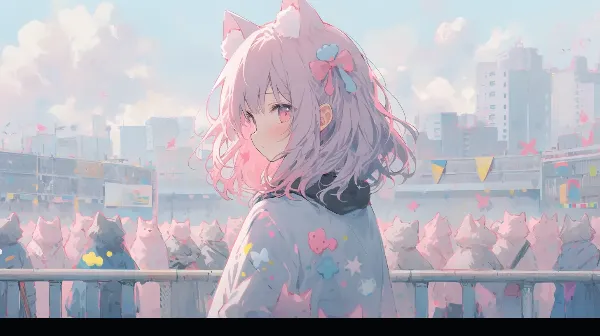 猫の民を見守るピンクの少女