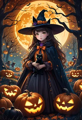 満月の森で黒猫を抱く小さな魔女